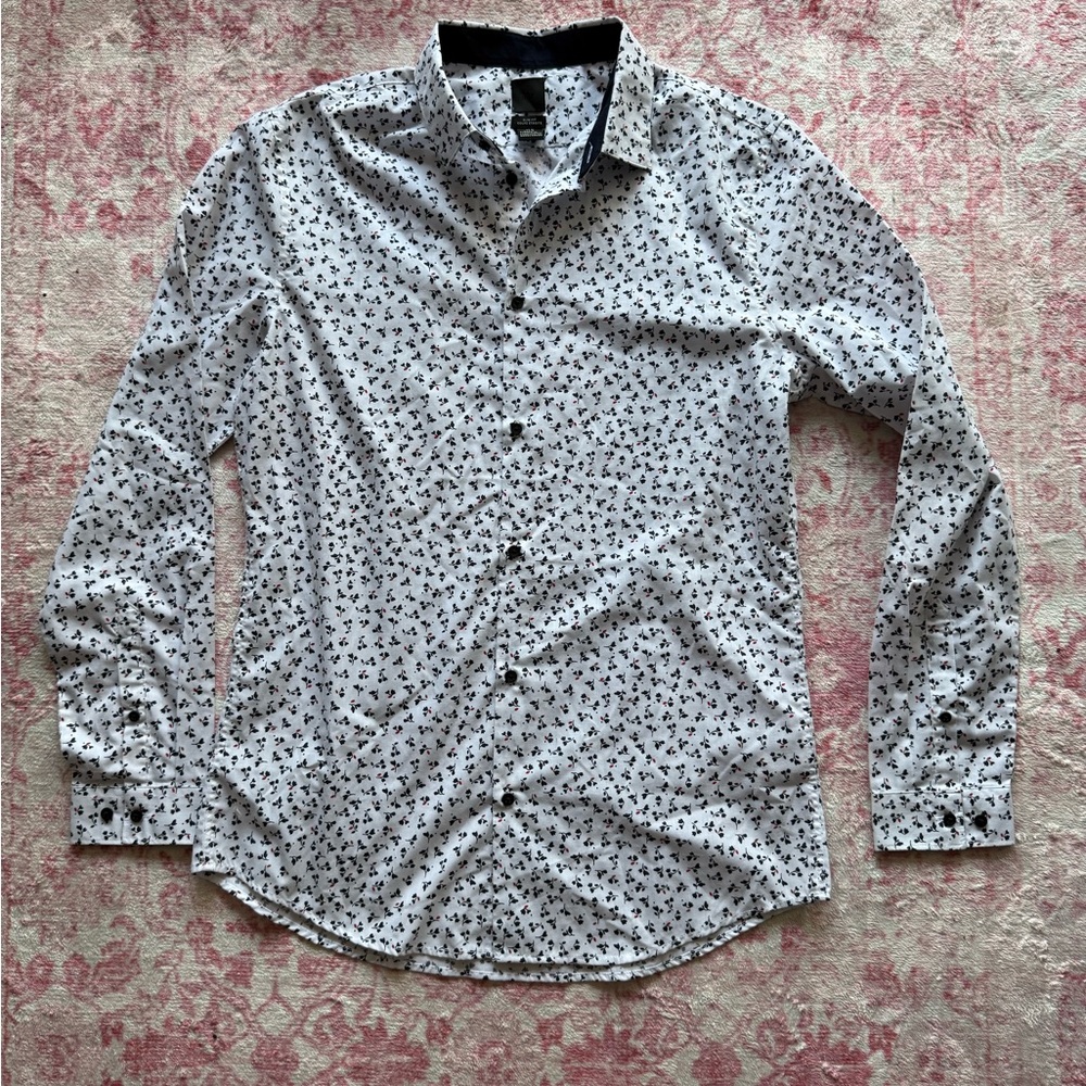 H&M White Button-Down Shirt with Black Micro Pattern